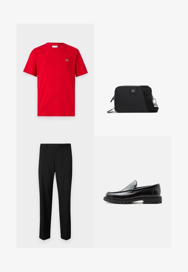 Camiseta de algodón roja con mangas cortas, cuello redondo y un pequeño logo de cocodrilo verde en el lado izquierdo del pecho. Textura suave, corte casual.; Pantalones de traje negros con frente plano, cintura estándar y piernas rectas. Hechos de una tela suave, con un cierre de botón único.; Mocasín de cuero negro con suela de goma gruesa, empeine cosido y nombre de la marca en relieve en el talón, mostrado en perfil lateral sobre fondo blanco.; Bolso rectangular negro hecho de material texturizado, con cierre de cremallera, correa ajustable y un parche con el logotipo en la parte frontal.