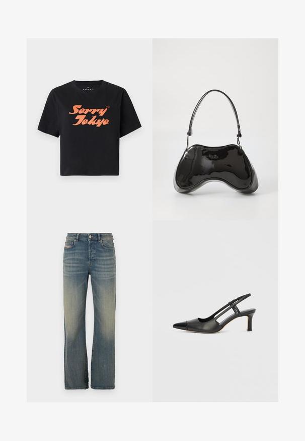 Μαύρο T-shirt με κοντά μανίκια και πορτοκαλί κείμενο «Sorry Tokyo» σε στυλιζαρισμένη γραμματοσειρά, στο κέντρο του μπροστινού μέρους.; Ανοιχτό μπλε τζιν με ίσια γραμμή στο παντελόνι. Διαθέτει κλείσιμο με κουμπί, εμπρόσθιες τσέπες και ελαφρές ξεθωριάσεις κατά μήκος των μηρών.; Μαύρο δερμάτινο παπούτσι slingback με μυτερή μύτη, που διαθέτει γυαλιστερή λεπτομέρεια στην άκρη της μύτης και μεσαίου ύψους τακούνι. Σχεδίαση με ανοιχτές πλευρές.; Μαύρη λαμπερή δερμάτινη τσάντα με μοναδικό καμπυλωτό σχήμα, κοντό ρυθμιζόμενο χερούλι και επάνω με φερμουάρ. Λείο υλικό με διακριτική σήμανση.