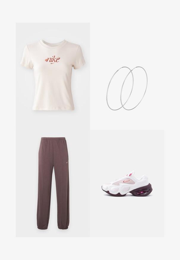 Beige T-shirt met korte mouwen van katoen, voorzien van een rood "nike" logo met bloemaccenten en een ronde hals.; Bruine sweatpants met elastische tailleband, zijnaad, elastische boorden en een klein wit Nike-logo op de bovenste linkerdij.; Witte en roze sportschoen met meshpanelen, een roze Nike-swoosh en een dikke, donkerpaarse zool met zichtbare luchtvering.; Zilveren hoepel oorbellen met een minimalistisch ontwerp. Cirkelvormig, gladde textuur en dun profiel. Lichtgewicht met een gepolijste afwerking.