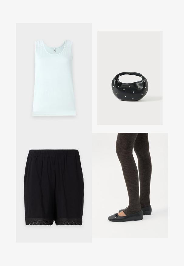 Débardeur bleu clair avec un col rond, avec des accents en dentelle sur les épaules, fabriqué à partir d'un tissu doux et lisse. Design simple sans manches.; Shorts noirs en coton avec une taille élastique et un ourlet festonné, comportant des détails perforés sur les bords. Tissu doux et léger.; Jambes portant des leggings côtelés foncés associés à des ballerines noires avec de petits détails en nœud sur fond blanc.; Sac à main en cuir noir de forme arrondie, décoré de clous argentés et équipé d'une poignée courte. Texture lisse et fermeture éclair.