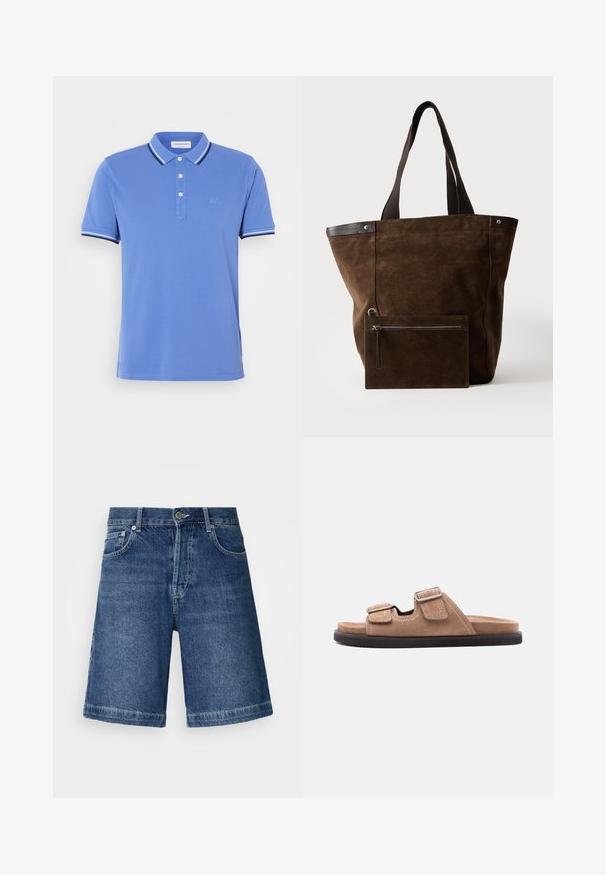Blauwe poloshirt van katoen met een drieknoopsluiting, contrasterende witte en marineblauwe strepen op de kraag en de mouwuiteinden.; Donkerblauwe denim shorts met een rechte snit, vijf zakken en gestikte zoom. Voorzien van een sluiting met een knoop en rits.; Bruine suède slide sandaal met zwarte zool, voorzien van twee verstelbare gespsluitingen en witte stikselaccenten, zijaanzicht op witte achtergrond.; Donkerbruine suède tote tas met zwarte handvatten en een bijpassende, rechthoekige, met rits afgesloten pouch aan de voorkant bevestigd.