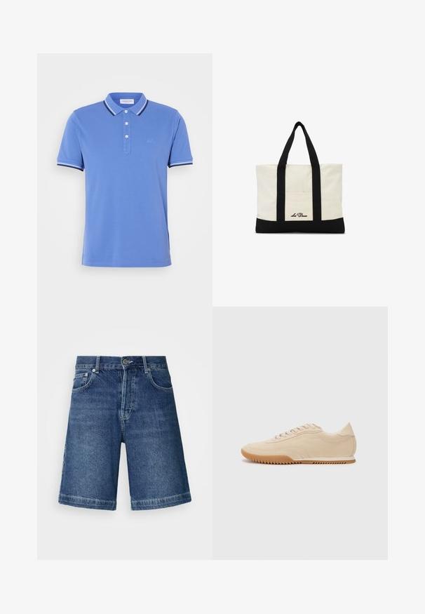 Polo-shirt bleu en coton avec une patte de boutonnage à trois boutons, rayures blanches et bleu marine contrastantes sur le col et les ourlets des manches.; Shorts en denim bleu foncé, présentant une coupe droite, un design à cinq poches et un ourlet cousu. Comprend une fermeture à bouton et un zip à l'avant.; Baskets en daim beige au design épuré, présentant une tige texturée, un bout rond et une semelle en caoutchouc avec un motif en zigzag.; Sac fourre-tout crème et noir avec deux poignées noires et une petite poche avant avec un texte noir manuscrit.