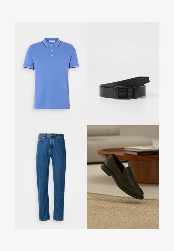 Blauwe poloshirt van katoen met een drieknoopsluiting, contrasterende witte en marineblauwe strepen op de kraag en de mouwuiteinden.; Blauwe rechte spijkerbroek met vijf zakken en een knoopsluiting aan de voorkant op een witte achtergrond.; Zwarte leren loafer schoen getoond in de lucht boven een beige geweven tapijt, met een houten tafel en gestapelde boeken in een zacht verlichte woonkamer.; Zwarte leren riem met een matte zwarte metalen gesp, met een gladde textuur en eenvoudig ontwerp. Verstelbare lengte met een taps toelopend uiteinde.