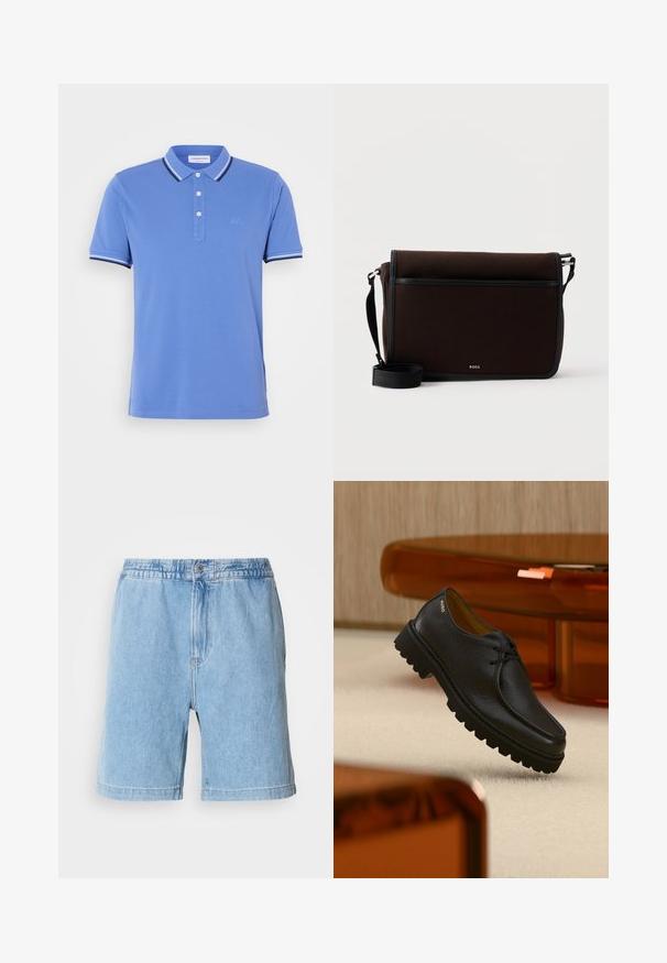 Modrá polo tričko vyrobené z bavlny s trojitou gombíkovou lištou, kontrastné biele a námornícke pruhy na golieri a okrajoch rukávov.; Svetlomodré denim šortky s elastickým pásom, predným zapínaním na gombík, bočnými vreckami a rovný strih. Dĺžka po strednú časť stehien.; Čierna štruktúrovaná kožená šnurovacia obuv s hrubou drážkovanou podrážkou, so značkou "HUGO" pri päte, vystavená na béžovom koberci a v pozadí jantárový nábytok.; Tmavohnedá látková taška cez rameno s nastaviteľným čiernym popruhom a malým strieborným logom „BOSS“ na prednej záklopke.