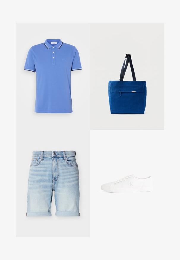 Blå polo skjorte lavet af bomuld med en tre-knaps lukning, med kontrasterende hvide og marineblå striber på kraven og ærmeslidsene.; Lyseblå denimshorts med opsmøgede kanter, for-trykknap, lynlås og design med fem lommer på hvid baggrund.; Hvid lavtop canvas-sneaker med hvide snørebånd og et diskret "cK"-logo på siden, gummisål med tekstureret tåhætter.; Blå lærredstaske med lynlåslomme foran, dobbelte skulderremme og rektangulær form. Har en diskret mærkeetiket.