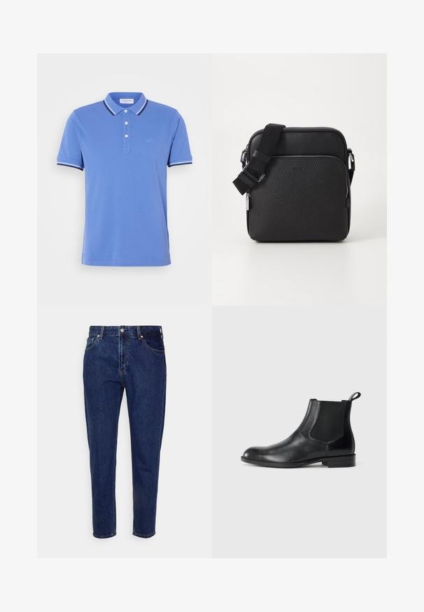 Blauwe poloshirt van katoen met een drieknoopsluiting, contrasterende witte en marineblauwe strepen op de kraag en de mouwuiteinden.; Donkerblauwe straight-leg spijkerbroek met knoop- en ritssluiting aan de voorkant, riemlussen, en voor- en achterzakken.; Zwarte leren enkelboot met elastische zijpanelen, ronde neus en een trekhaak. Gladde textuur, platte zool, minimalistisch ontwerp.; Zwarte leren schoudertas met een gestructureerd oppervlak, voorzien van een voorzak met rits, een verstelbare schouderband en metalen accenten.