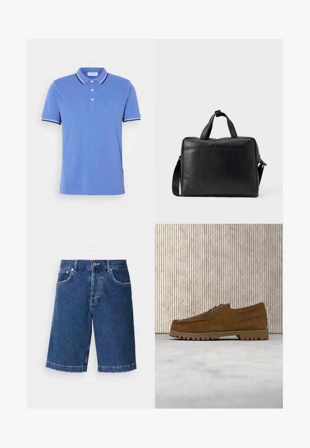 Blå polo skjorte lavet af bomuld med en tre-knaps lukning, med kontrasterende hvide og marineblå striber på kraven og ærmeslidsene.; Denim shorts i mørkeblå, med lige skæring, to forlommer og en klassisk knappelukning. Syet kant med let falmning.; Brun ruskind snøresko med tyk rillede sål, der svæver over beige tæppe, med et brunt ovalt bord i baggrunden.; Sort lædertaske med rektangulært design, to håndtag, aftagelig skulderrem og få dekorationer.