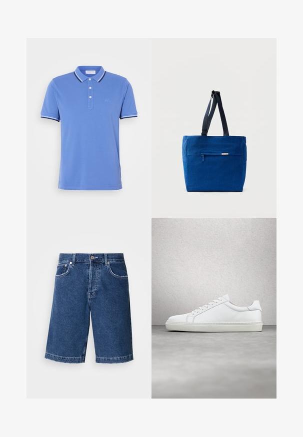 Polo-shirt bleu en coton avec une patte de boutonnage à trois boutons, rayures blanches et bleu marine contrastantes sur le col et les ourlets des manches.; Shorts en denim de couleur bleu foncé, avec une coupe droite, deux poches avant et une fermeture à bouton classique. Ourlet cousu avec un léger dégradé.; Sneaker blanche avec une tige en cuir lisse et un profil bas. Présente un bout arrondi, six œillets et une semelle en caoutchouc texturé.; Sac fourre-tout en toile bleue avec une poche zippée à l'avant, des doubles bretelles et une forme rectangulaire. Dispose d'une étiquette de marque discrète.