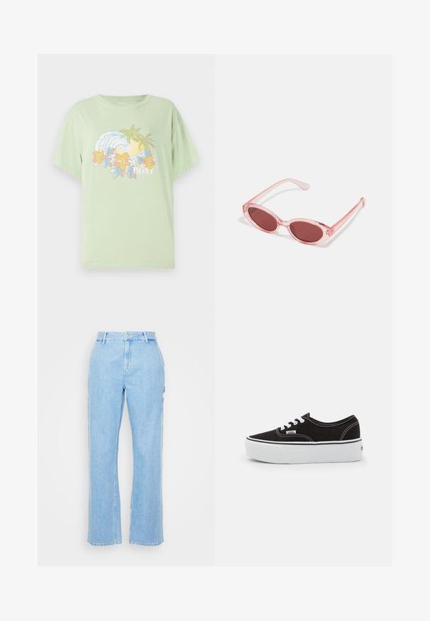 T-shirt manches courtes vert clair avec un graphique de vague et de fleur, portant le nom de la marque "ROXY" en blanc. Matériau en coton doux.; Pantalon en denim bleu clair avec une coupe droite, taille haute et fermeture à bouton à l'avant. Comprend deux poches latérales et des coutures minimales.; Baskets en toile noires avec une semelle en caoutchouc blanc, dotées de lacets et de coutures blanches, marquage emblématique sur le côté, design basse.; Lunettes de soleil transparentes roses avec des verres ovales, teintés d'un rouge foncé, et des branches fines, présentant une finition lisse et des détails subtils sur la monture.