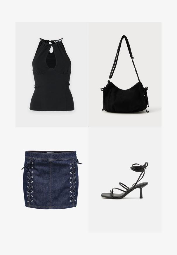Haut à encolure halter noir avec une découpe en trou de serrure au niveau du cou, présentant un tissu froncé au dos et un design ajusté. Fabriqué en tissu lisse.; Mini-jupe en denim bleu foncé avec détail de laçage sur le côté et œillets en argent. Présente une texture lisse et des coutures contrastées.; Sandale noire à lanières avec un bout carré, des liens de cheville réglables et un talon carré fin. Fabriquée en un matériau lisse et durable.; Sac à épaule en velours côtelé noir avec une forme courbée, bandoulière réglable et fermetures à cordon des deux côtés pour un ajustement de taille.