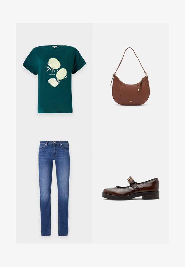 Teal katoenen t-shirt met een afbeelding van een zon en schelpen in lichtgeel en wit, met een relaxte pasvorm en opgerolde mouwen.; Blauwe denim spijkerbroek met een rechte pijp, frontzakken en een klassieke knoop- en ritsluiting. Lichtjes gestructureerd met stikselaccenten.; Donkerbruine Mary Jane-schoen met glanzende afwerking, afgeronde neus, lage blokhak en gouden gesp over de wreef.; Bruine faux leren schoudertas met een gebogen vorm, minimale stiksels en een gouden hardware-accent. Voorzien van een bovenste ritsluiting en een verstelbare schouderband.