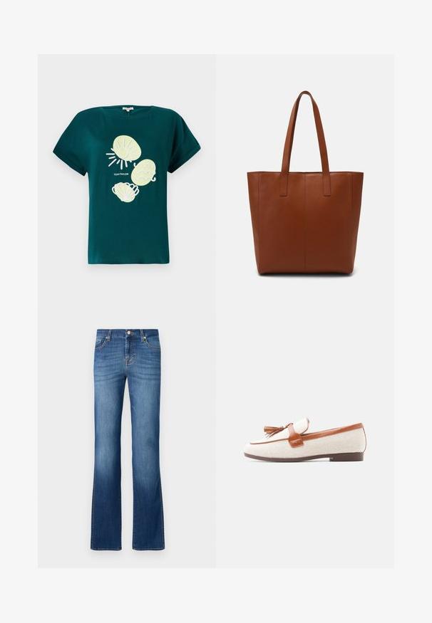 Tropfenvor einer Grafik mit einer Sonne und Muscheln in hellgelb und weiß, aus Baumwolle. Sie hat eine entspannte Passform und umgeschlagene Ärmel.; Blaue Denim-Jeans mit ausgestelltem Bein im klassischen Fünf-Taschen-Design, mit ausgewaschenem Look, goldfarbenen Nähten und einem Knopfverschluss an der Taille.; Damen Slipper mit beigefarbenem Stoff, braunem Lederbesatz, Quastendetail und brauner flacher Sohle, seitlich auf weißem Hintergrund gezeigt.; Braune Leder-Shopper-Tasche mit glatter Textur, vertikalen Nahtdetails und zwei flachen Tragegriffen. Offenes Oberteil-Design, geräumiger Innenraum.