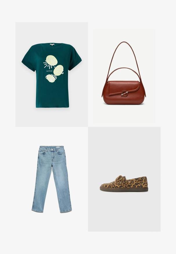 Teal katoenen t-shirt met een afbeelding van een zon en schelpen in lichtgeel en wit, met een relaxte pasvorm en opgerolde mouwen.; Lichtblauwe denim jeans met een rechte poot ontwerp, vijf zakken en een knoopsluiting. Zachte textuur met minimale vervaging.; De bootshoe met luipaardprint heeft een bruin suède materiaal, een veterfront, metalen oogjes en een bruine rubberen zool.; Bruine leren schoudertas met afgeronde rechthoekige vorm, asymmetrische klep, zilveren ronde sluiting en twee dunne bandjes.