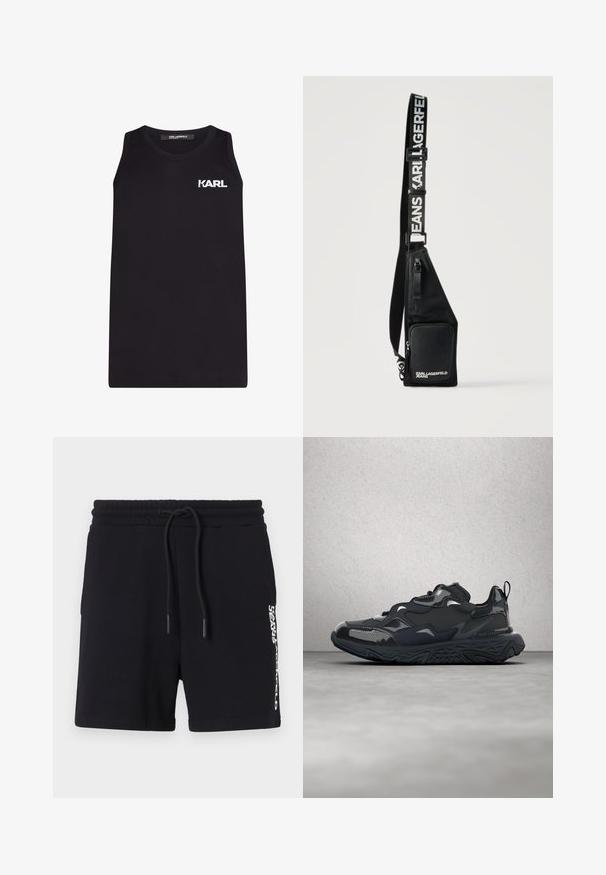 Sort ærmeløs tanktop lavet af glat bomuldsstof, der har et hvidt "KARL" logo på venstre bryst. Enkel, lige design.; Sorte bomulds shorts med snoretræk i taljen, prydet med et hvidt logo print på siden og en glat overflade. Klassisk design.; Sort løbesko med tekstureret overdel, glatte detaljer og en chunky sål med bølgemønster, designet for komfort og holdbarhed.; Sort crossbody taske med lynlåslomme foran og justerbar rem med teksten "KARL LAGERFELD JEANS" i hvide bogstaver.