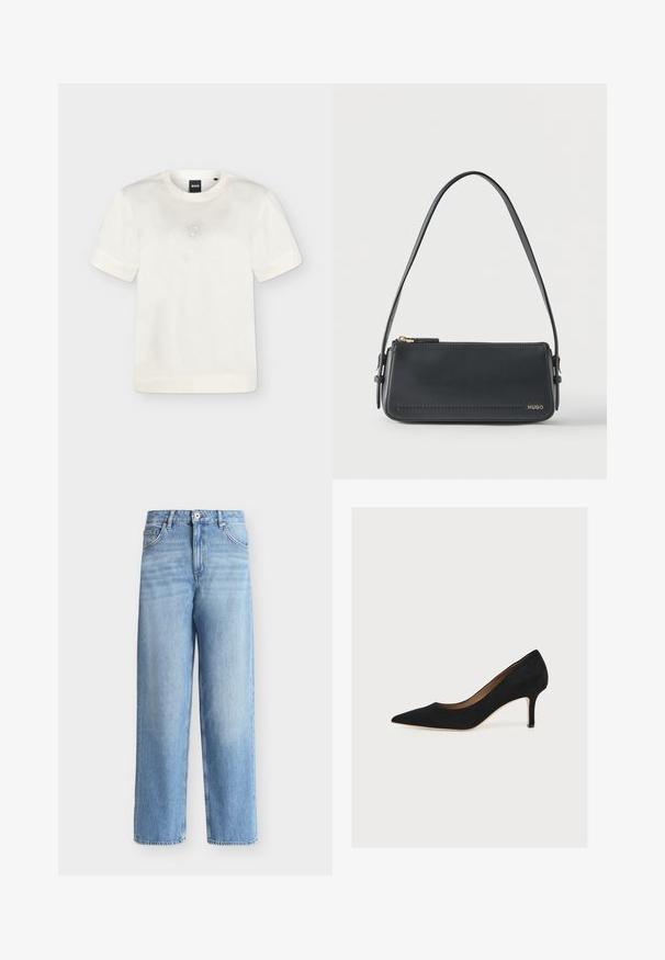 T-shirt blanc à manches courtes et col rond avec un motif discret à pois formant un carré sur la poitrine et une étiquette noire BOSS à l’intérieur du col.; Jean bleu clair taille haute à jambes droites avec fermeture avant à boutons et zip, passants de ceinture et poches avant sur fond blanc.; Escarpin en daim noir à bout pointu, talon aiguille de hauteur moyenne et semelle intérieure beige sur fond clair.; Sac à bandoulière rectangulaire en cuir noir avec fermeture éclair dorée et petit logo "HUGO" doré sur le devant, doté d'une sangle réglable avec boucle.