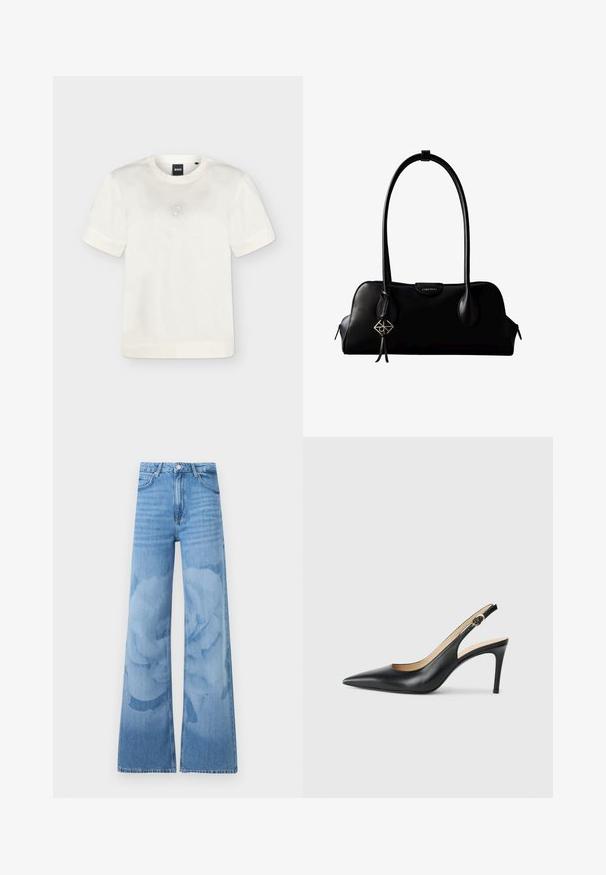 T-shirt blanc à manches courtes et col rond avec un motif discret à pois formant un carré sur la poitrine et une étiquette noire BOSS à l’intérieur du col.; Jean bleu clair à jambes larges avec taille haute, bouton à l'avant et poches, présentant un motif floral subtil lavé sur les jambes.; Escarpins en cuir noir avec une pointe fine, une bride ajustable et un talon aiguille élégant, présentant une finition lisse.; Sac à main en cuir noir Calvin Klein avec de longues anses, une étiquette logo à l'avant et un charme géométrique argenté suspendu à une anse.