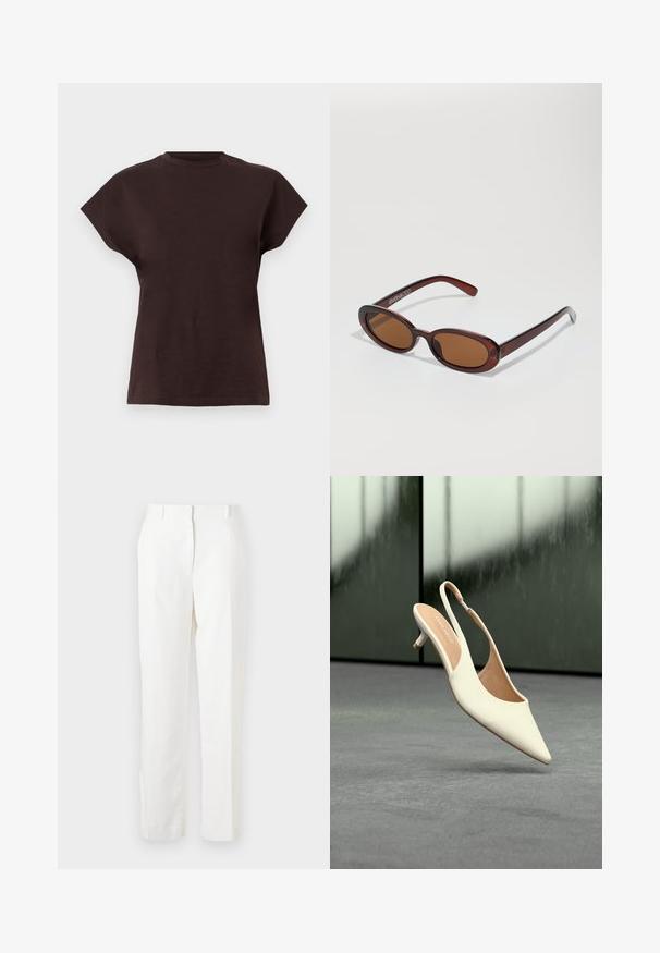 T-shirt à manches courtes et col rond de couleur marron foncé, avec des manches larges et un ourlet droit sur un fond clair uni.; Pantalon blanc à jambes droites en tissu léger avec une légère texture. Comprend des poches avant et un pli unique pour plus de détails.; Chaussure femme beige à bout pointu avec bride arrière et petit talon kitten, flottant au-dessus d'un sol gris sur fond sombre flou.; Lunettes de soleil rondes teinte brun avec une monture bordeaux brillante. Branches fines avec un détail de marque subtil. Design de verres plats.