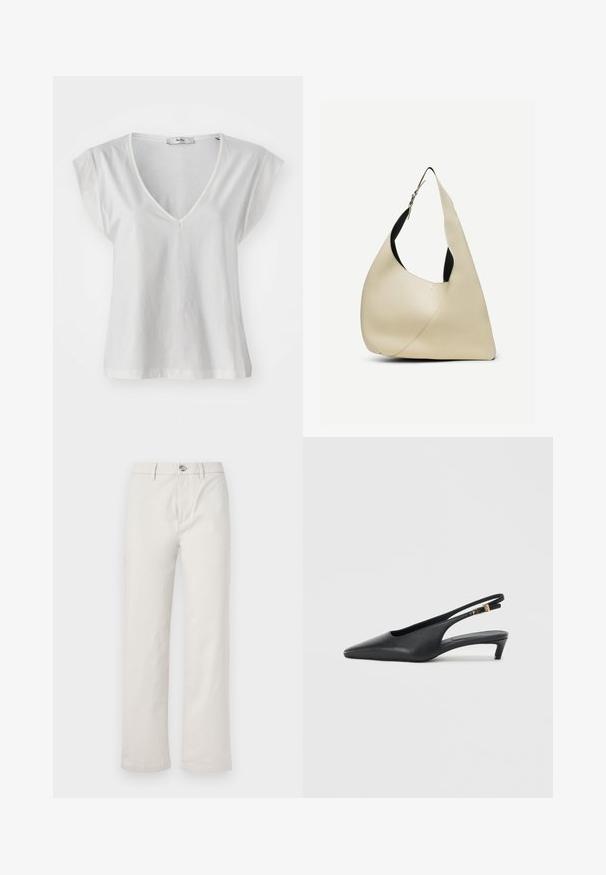 T-shirt blanc à col en V avec des manches courtes, fabriqué en coton doux. Il présente une coupe simple et une silhouette légèrement décontractée.; Pantalons larges beige clair en coton, avec une fermeture à boutons sur le devant, des poches latérales et une texture propre et lisse.; Des escarpins à talon ouvert noirs avec un bout pointu, une texture en cuir lisse, un petit talon aiguille, et une sangle avec un accent de boucle en métal.; Sac à bandoulière en cuir lisse couleur crème, de forme triangulaire arrondie, avec une sangle réglable et une boucle en argent.