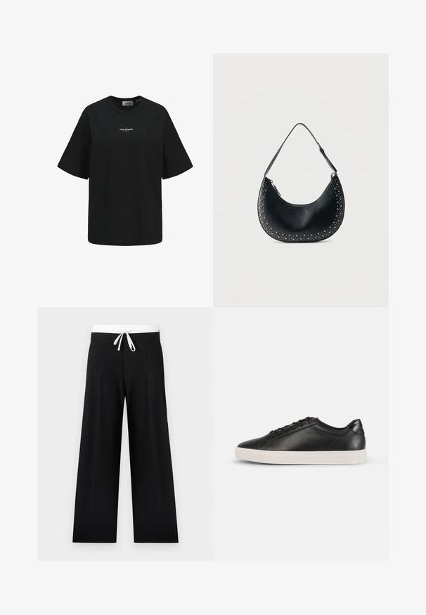 Schwarzes T-Shirt mit kurzen Ärmeln und dem Aufdruck "JJXX STUDIO" in kleinem weißem Text auf der Brustmitte.; Schwarze Hosen mit weitem Bein, weißem elastischem Bund und Kordelzug, vorne mit Falten und glatter Textur.; Schwarzer Leder-Sneaker mit niedrigem Schaft, weißer Gummisohle, Schnürverschluss vorne und leicht gepolstertem Fersenkragen, seitlich auf weißem Hintergrund dargestellt.; Schwarze Mondförmige Lederschultertasche mit silbernen Nieten entlang der Kanten und verstellbarem Riemen auf weißem Hintergrund.