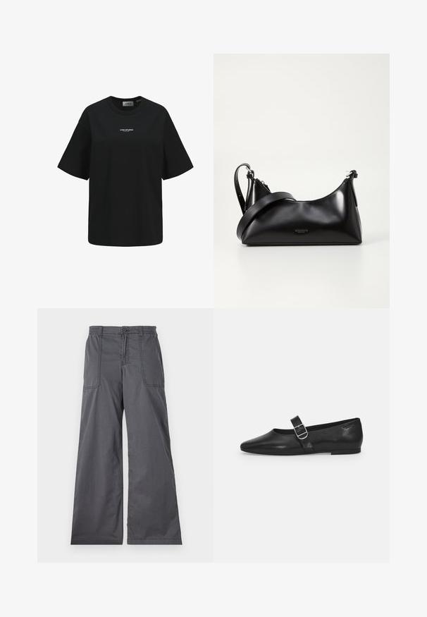 Musta lyhythihainen T-paita, jossa "JJXX STUDIO" on painettu pienellä valkoisella tekstillä rinnan keskelle.; Harmaat leveät housut, joissa on sileä pinta, etutaskut, napin suljenta ja ommellut yksityiskohdat saumoissa.; Mustat nahkakengät, joissa on pyöreä kärki, yksi säädettävä solkiremmija sileä, kiiltävä pinta. Minimalistinen muotoilu ja matala korko.; Mustat nahkakäsilaukku, jossa on sileä pinta. Varustettu säädettävällä hihnalla ja tyylikkäällä, minimalistisella muotoilulla, jossa on vetoketjukiinnitys.
