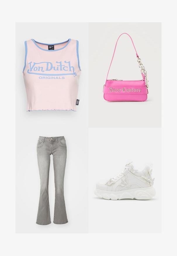 Lyserød ribbede crop top med lyseblå kant og et stort blåt "Von Dutch" logo. Har en rå kant og et label på siden.; Grå flagrende jeans med en middelhøj talje, frontlommer og knaplukning, lavet af denimstof med en glat tekstur.; Hvid chunky sneaker med tyk sål og dekorative 3D sommerfugle detaljer på siden, snørebånd og hæl.; Lille lys pink Juicy Couture håndtaske med sølvkædedetalje og logotekst på forsiden, enkelt smalt skulderrem.