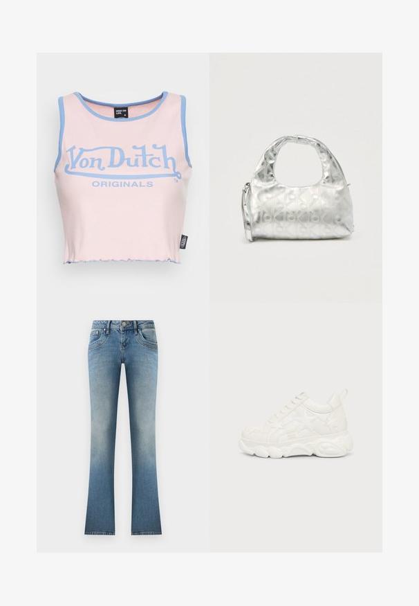 Top corto de canalé rosa con ribete azul claro y un gran logo azul de "Von Dutch". Presenta un dobladillo sin rematar y una etiqueta en el costado.; Jeans de mezclilla de tiro acampanado en azul claro. Presentan un acabado desgastado, cinco bolsillos y un cierre de botón con pasadores para cinturón en la cintura.; Zapatilla blanca gruesa con patrones en forma de estrella y suela gruesa texturizada, vista desde el lado exterior sobre un fondo liso.; Bolso plateado con un patrón texturizado de formas geométricas y círculos, que cuenta con un asa redondeada y una correa desmontable.