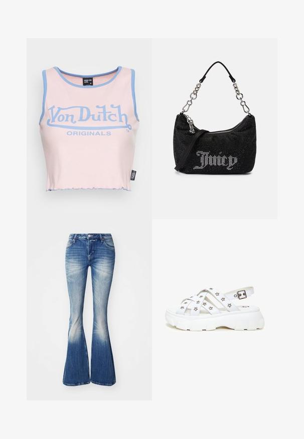 Top corto de canalé rosa con ribete azul claro y un gran logo azul de "Von Dutch". Presenta un dobladillo sin rematar y una etiqueta en el costado.; Jeans acampanados azules de mezclilla con un lavado desgastado. Incluyen una cintura ajustada, diseño de cinco bolsillos y ligero desgaste en los dobladillos.; Sandalias de plataforma blancas con tiras cruzadas, adornadas con tachuelas de estrella plateadas. Suela texturizada con un diseño grueso y estriado, y correa ajustable en el tobillo.; Bolso negro con adornos de strass, de forma curvada y con un asa de cadena plateada. Presenta un zipper y el logo "Juicy" en blanco.