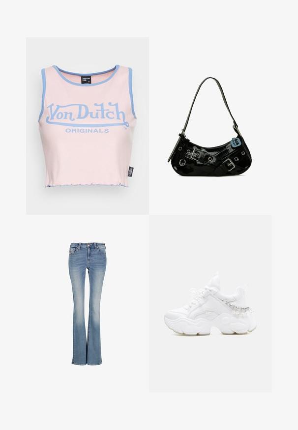 Rosa geripptes Crop-Top mit hellblauem Saum und einem großen blauen "Von Dutch"-Logo. Verfügt über einen rohen Saum und ein Etikett an der Seite.; Hellblaue Bootcut-Jeans aus Denim mit fünf Taschen, vorderem Knopf und Reißverschluss, verblichenen Details an Oberschenkeln und Knien.; Weißer klobiger Sneaker mit dicker Sohle, Schnürsenkeln vorne und Kettendetail mit hängenden Perlen an der Ferse.; Schwarze Lackleder-Handtasche mit geschwungener Form, ausgestattet mit silbernem Beschlag, dekorativen Schnallen und einem kurzen Griff. Blaue Anhängeschild befestigt.