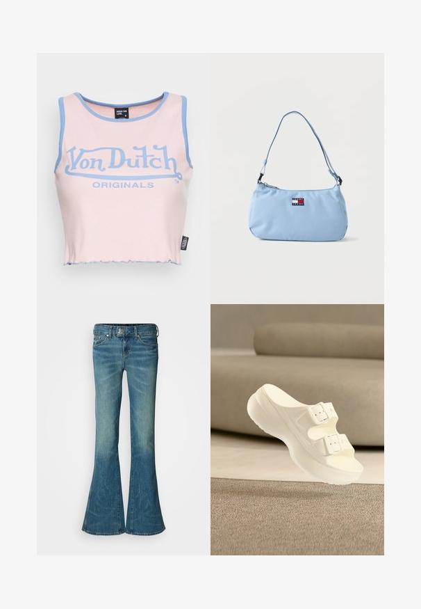 Roosa ribaga lühike topp helesinise äärega ja suure sinise "Von Dutch" logo. Omab toorõmblust ja sildikest küljel.; Laiendatud sinised denim püksid pleekinud viimistlusega, klassikalise viie taskuga disain ja metallist nupuga sulgur vöökohtadel.; Valge lükand-sandaal kahe reguleeritava pandlaga ja paksu tallaga, paigutatud beeži diivani ette tekstureeritud vaibal.; Hele sinine Tommy Jeansi õlakott reguleeritava rihma ja tõmblukuga, esitatud lihtsal taustal.