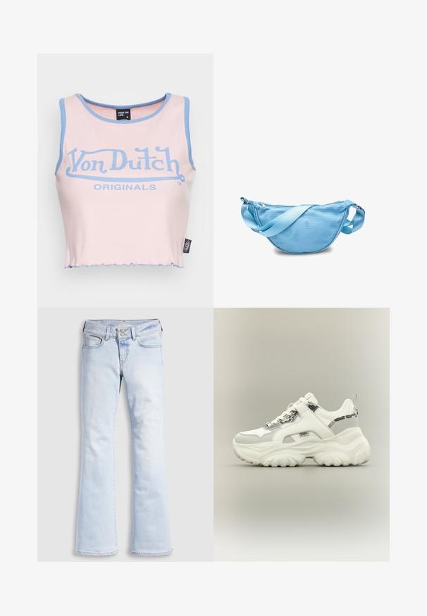 Top corto de canalé rosa con ribete azul claro y un gran logo azul de "Von Dutch". Presenta un dobladillo sin rematar y una etiqueta en el costado.; Jeans acampanados de mezclilla azul claro con cintura alta, con cierre de botón, cinco bolsillos y sutiles detalles de desgaste en las caderas.; Zapatilla deportiva blanca gruesa con acentos de estampado de piel de serpiente, suela gruesa texturizada y una correa de velcro sobre los cordones sobre un fondo neutro.; Bolsa cruzada de malla azul con forma curvada, cierre con cremallera y correa de satén. Diseño ligero con una superficie texturizada.
