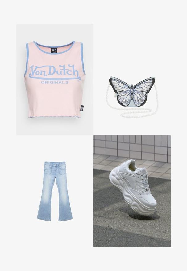 Lyserød ribbede crop top med lyseblå kant og et stort blåt "Von Dutch" logo. Har en rå kant og et label på siden.; Lyseblå denimjeans med vide ben, forlommer, dobbelt knaplukning og falmet vask på lår og knæ.; Hvide lædersneakers med en kraftig sål, teksturerede detaljer og snørelukning. Har formede accenter og en glat finish.; Sølvformet håndtaske med lyseblå krop, detaljerede hvide vinger, sorte accenter og en perle-lignende kædetræk. Lynlåslukning på siden.