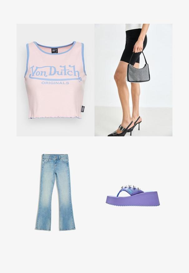 Rosa geripptes Crop-Top mit hellblauem Saum und einem großen blauen "Von Dutch"-Logo. Verfügt über einen rohen Saum und ein Etikett an der Seite.; Hellblaue, ausgewaschene Jeans mit leichtem Schlag, Vordertaschen, Gürtelschlaufen und doppeltem Knopfverschluss in der Taille, flach auf weißem Hintergrund liegend.; Lila Flip-Flop-Sandale mit silbernen Schmetterlingsverzierungen am Riemen und einer strukturierten Sohle.; Schwarze Perlen-Handtasche mit geschwungener Silhouette, Tragegriff und glänzender Textur. Kombiniert mit schwarzen High Heels und enganliegenden schwarzen Shorts.