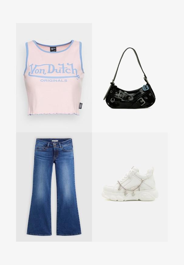 Lyserød ribbede crop top med lyseblå kant og et stort blåt "Von Dutch" logo. Har en rå kant og et label på siden.; Bredde blå jeans lavet af denim, der har et klassisk fem-lomme design, let slid, og kontrasterende syninger langs sømmen.; Hvide sneakers med en kraftig sål, tekstureret læderoverdel og dekorativ metal kæde med charms. Har snørebåndslukning og polstret krave.; Sort lakeret skuldertaske med en buet form, udsmykket med sølvhardware, dekorative spænder og en kort rem. Blå mærkat vedhæftet.
