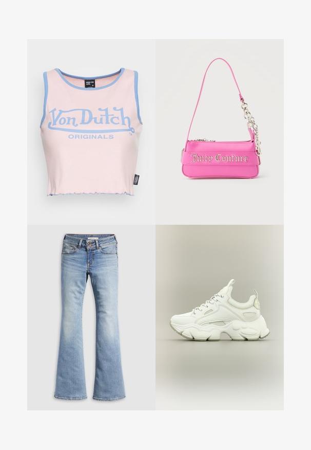 Lyserød ribbede crop top med lyseblå kant og et stort blåt "Von Dutch" logo. Har en rå kant og et label på siden.; Lyseblå vidde jeans lavet af denim. Har knaplukning, fem lommer og falmet tekstur med sømløse kanter.; Hvid chunky sneaker med tyk struktureret sål, mesh- og læderoverdel, snørelukning og trækstropper på tunge og hæl.; Lille lys pink Juicy Couture håndtaske med sølvkædedetalje og logotekst på forsiden, enkelt smalt skulderrem.