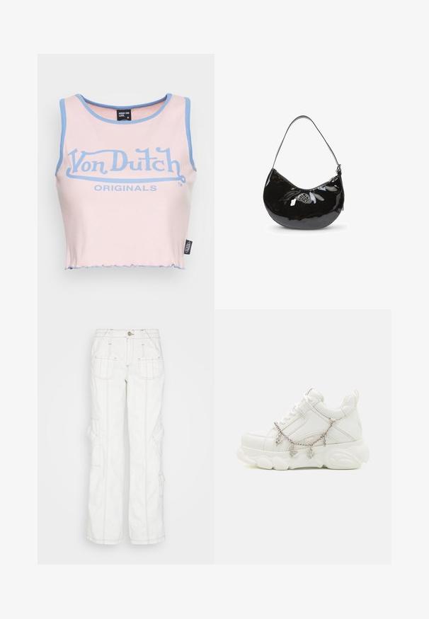 Roze geribbelde crop top met lichtblauwe afwerking en een groot blauw "Von Dutch" logo. Heeft een rauwe zoom en een label aan de zijkant.; BDG Urban Outfitters Relaxed fit jeans - white; Witte sneakers met een dikke zool, een gestructureerde leren bovenkant en een decoratieve metalen ketting met bedels. Voorzien van vetersluiting en een gevoerd kraagje.; Zwarte gepatineerde leren handtas met een gebogen vorm, enkele schouderriem, ritssluiting en een decoratieve metalen logo. Gladde textuur.