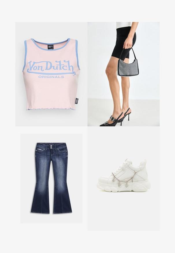 Rosa geripptes Crop-Top mit hellblauem Saum und einem großen blauen "Von Dutch"-Logo. Verfügt über einen rohen Saum und ein Etikett an der Seite.; Dunkelblaue, ausgestellte Jeans aus Denim mit fünf Taschen, kontrastfarbenen Nähten und einem Knopfverschluss mit dekorativen Akzenten vorne.; Weiße Sneakers mit dicker Sohle, strukturiertem Obermaterial aus Leder und dekorativer Metallkette mit Anhängern. Sie verfügen über eine Schnürung und einen gepolsterten Kragen.; Schwarze Perlen-Handtasche mit geschwungener Silhouette, Tragegriff und glänzender Textur. Kombiniert mit schwarzen High Heels und enganliegenden schwarzen Shorts.