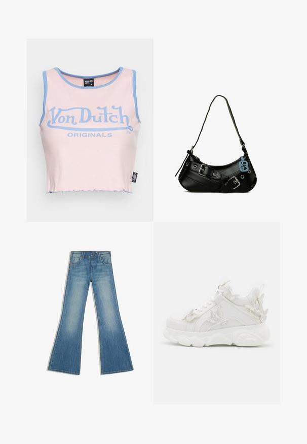 Rosa geripptes Crop-Top mit hellblauem Saum und einem großen blauen "Von Dutch"-Logo. Verfügt über einen rohen Saum und ein Etikett an der Seite.; Blaue Denim-Jeans mit ausgestelltem Bein, Vordertaschen und Knopfverschluss, gezeigt vor weißem Hintergrund.; Weißer klobiger Sneaker mit dicker Sohle und dekorativen 3D-Schmetterlingsakzenten an der Seite, den Schnürsenkeln und der Ferse.; Schwarze synthetische Handtasche mit geschwungener Form, verstellbarem Riemen und dekorativen Metall-Schnallen. Besitzt eine glatte, glänzende Textur.