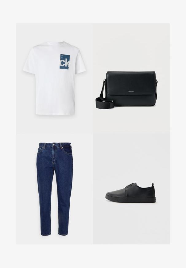 Weißes Baumwoll-T-Shirt mit einer blauen rechteckigen Tasche, die mit dem weißen 'ck'-Logo und Textdetails verziert ist. Kurze Ärmel, Rundhalsausschnitt, normale Passform.; Dunkelblaue Jeans mit geradem Bein, vorderer Knopf- und Reißverschluss, Gürtelschlaufen sowie Vorder- und Gesäßtaschen.; Schwarze Leder-Sneaker mit glatter Oberfläche, abgerundeter Zehenpartie, gleichfarbiger Nähte, schnürbarem Vorderteil und flacher Gummisohle. Schlaufe an der Ferse.; Schwarze Leder-Umhängetasche mit strukturierter Oberfläche, verstellbarem Riemen und einer Vorderklappe mit dezentem Logo. Kompakte und rechteckige Form.