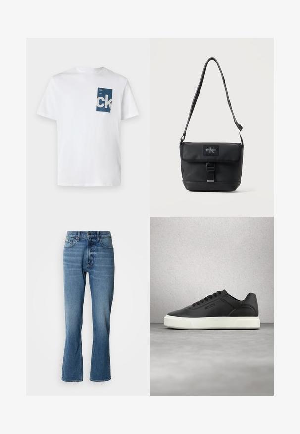 Weißes Baumwoll-T-Shirt mit einer blauen rechteckigen Tasche, die mit dem weißen 'ck'-Logo und Textdetails verziert ist. Kurze Ärmel, Rundhalsausschnitt, normale Passform.; Hellblaue Denim-Jeans mit geradem Schnitt und leicht ausgestelltem Bein. Verfügt über fünf Taschen, einen Knopfverschluss und dezente Waschungseffekte.; Schwarze Ledersneaker mit weißer Gummisohle, rundlicher Zehenpartie und flachen Schnürsenkeln. Strukturierte Akzente an den Seiten, minimalistisches Design.; Schwarze Calvin Klein Schultertasche mit verstellbarem Riemen, Vorderklappe, Schnallenverschluss und sichtbarem Markenlogo-Patch.