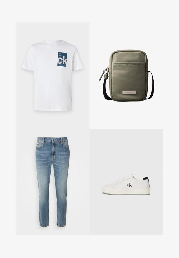 Camiseta de algodón blanca con un bolsillo rectangular azul que presenta el logo "ck" en blanco y detalles en texto. Mangas cortas, cuello redondo, ajuste regular.; Vaqueros de mezclilla azul claro con corte recto, cinco bolsillos y un ligero desgaste. Cuentan con un cierre de botón y cremallera, así como una cinturilla clásica.; Zapatillas de cuero blanco con puntera redondeada, suela de goma plana y acento negro en el talón. Presenta un destacado logo negro de Calvin Klein en el costado.; Bolso bandolera compacto verde oliva con bolsillo frontal, correa negra ajustable, cierre de cremallera y placa con el logo de Calvin Klein.