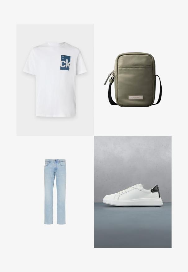Weißes Baumwoll-T-Shirt mit einer blauen rechteckigen Tasche, die mit dem weißen 'ck'-Logo und Textdetails verziert ist. Kurze Ärmel, Rundhalsausschnitt, normale Passform.; Hellblaue Straight-Leg-Jeans aus Denim mit vorderem Knopf, Reißverschluss und Fünf-Taschen-Design, gezeigt auf weißem Hintergrund.; Weiße Sneaker mit einem glatten Obermaterial aus Leder und einem kontrastierenden schwarzen Fersenakzent. Ausgestattet mit flachen Schnürsenkeln und einer strukturierten Gummisohle.; Kompakte olivgrüne Umhängetasche mit Vordertasche, schwarzem verstellbarem Riemen, Reißverschluss und Calvin Klein Logo-Plakette.