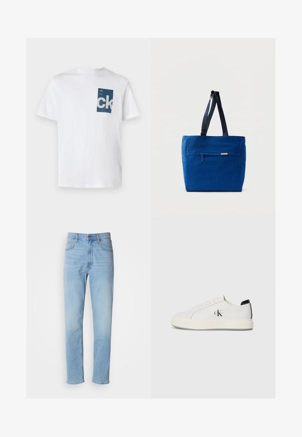 Camiseta de algodón blanca con un bolsillo rectangular azul que presenta el logo "ck" en blanco y detalles en texto. Mangas cortas, cuello redondo, ajuste regular.; Jeans de mezclilla azul claro con un corte recto, cinco bolsillos y trabillas para cinturón. La tela presenta una textura suave con un ligero efecto de desvanecimiento.; Zapatillas de cuero blanco con puntera redondeada, suela de goma plana y acento negro en el talón. Presenta un destacado logo negro de Calvin Klein en el costado.; Bolsa de lona azul con un bolsillo frontal con cremallera, correas dobles para el hombro y forma rectangular. Cuenta con una etiqueta de marca sutil.