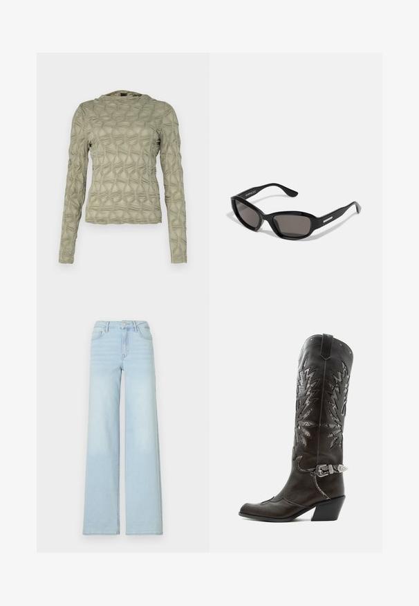 Langærmet top i dæmpet grøn, med et tekstureret mønster af hævede diamanter. Blødt stof med subtil glans og en rund halsudskæring.; Lyseblå bredbenede jeans lavet af denim med et klassisk fem-lomme design og en frontknaplukning. Har let falmning foran.; Sort læder cowboystøvle med dekorative udskæringer, sølvspænde og skrå hæl, vist på hvid baggrund.; Sorte solbriller med rektangulært stel, mørke linser, glat plastmateriale og en metalaccent på templet.