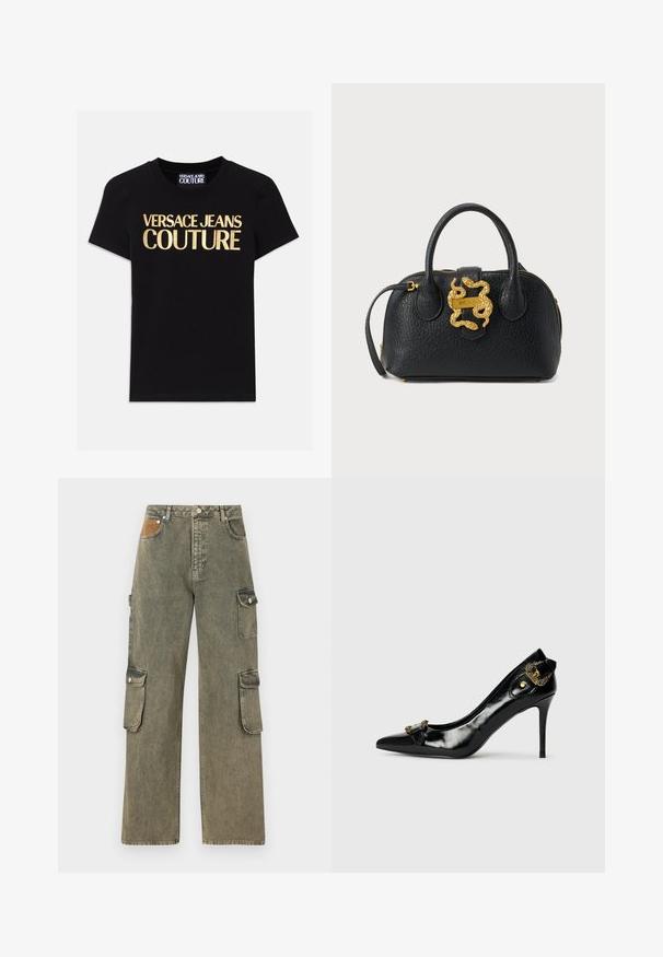 Mustmust must-särgid mustast puuvillast, mille esiküljel on suurte kuldsete tähtedega "VERSACE JEANS COUTURE", lühikesed varrukad ja ümmargune kaelus.; Hallituspüksid hallikrohelises denimis, millel on kõrge vöökoht, laiad sääred, kaks külgset cargo taskut ja tekstureeritud beež plekk ees.; Musta lakknahast kõrge kontsaga king, terava varbaga, ees kaunistusena paelte tegemine ja taga dekoratiivne kuldtoonist detail.; Mustast tekstuuriga nahast käekott kahe sangaga, kuldse luku ja kuldse madu-kujulise kinnitusdetailiga esiühel.