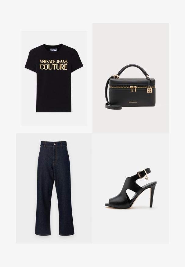 Zwarte katoenen t-shirt met "VERSACE JEANS COUTURE" in grote gouden letters op de voorkant, korte mouwen en een ronde hals.; Donkerblauwe denim jeans met een hoge taille, rechte pijpen, oranje stikseldetails en knoopsluiting. Geen zichtbare voork pockets.; Zwarte leren sandaal met hoge hak, open teen, zijkanten met uitsnedes, enkelbandje, gouden gesp en klein rond hangertje op een lichte achtergrond.; Zwarte Michael Kors rechthoekige handtas met bovenhandvat, gouden rits en logo, en afneembare schouderriem op een grijze achtergrond.