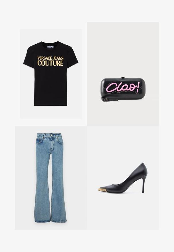 Mustapaita, jossa on iso "VERSACE JEANS COUTURE" -teksti kultaisella värillä edessä, lyhyet hihat ja pyöreä kaula-aukko.; Vaaleansiniset leveälahkeiset farkut, joissa on korkeavyötärö, etutaskut ja revenneet lahkeet rennon istuvuuden saavuttamiseksi.; Musta nahkainen korkokengänkärki, jossa on terävä kärki ja kullanvärinen metallinen kärki, johon on kaiverrettu "Versace Jeans Couture", näkyy sivulta valkoisella taustalla.; Musta suorakulmainen clutch-pussi, jossa on pinkki neon-tyylinen "Ciao!"-teksti ja pieni musta ranneke valkoisella taustalla.