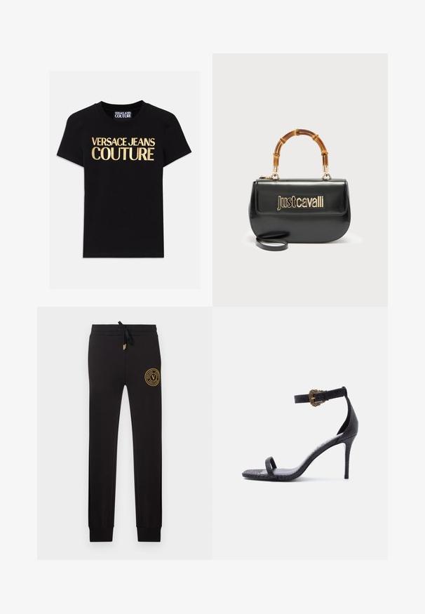 Mustmust must-särgid mustast puuvillast, mille esiküljel on suurte kuldsete tähtedega "VERSACE JEANS COUTURE", lühikesed varrukad ja ümmargune kaelus.; Mustad slim-fit treeningpüksid, millel on nööriga vöökoht ja kuldne Versace Jeans Couture logo pael ülemise vasaku reieluu piirkonnas.; Mustad kõrgete kontsadega sandaal õhukese pahkluu rihmaga, millel on dekoratiivne kuldne pandlaga ja üks varbarihm, tekstureeritud nahkviimistlus.; Mustast nahast käekott kuldse "Just Cavalli" logoga ees ja kaarekujuline bambusest sang, millel on eemaldatav pikk rihm.