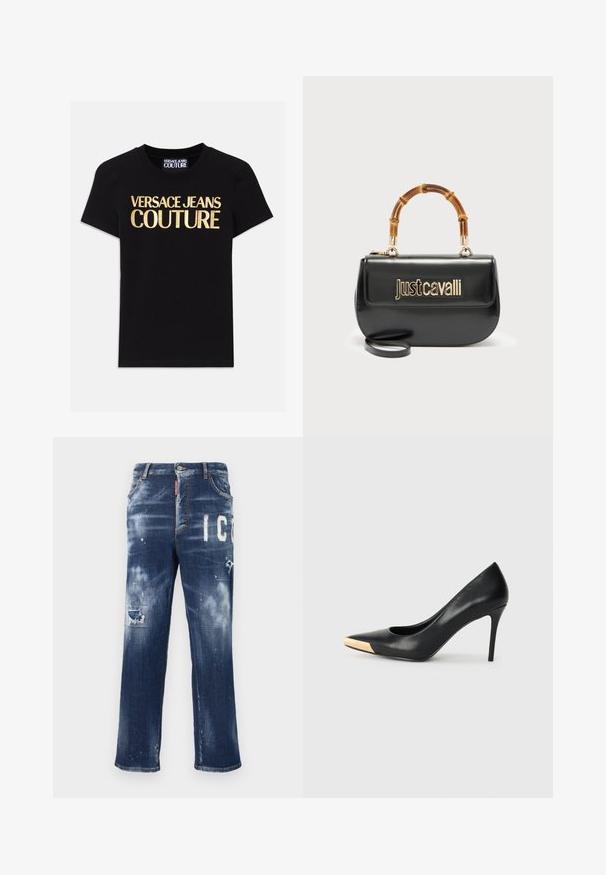 Sort bomulds-T-shirt med "VERSACE JEANS COUTURE" i store guld-bogstaver på forsiden, korte ærmer og rund halsudskæring.; Mørkeblå denimjeans med slidte lapper, lyse malingspletter og fed hvid tekst. Straight leg design med en klassisk pasform.; Sort læder stiletter med spids tå; har et metalisk guldakcent på tåkapperne. Glat overflade med et strømlinet design.; Sort læderhåndtaske med guld "Just Cavalli"-logo foran og buet bambushåndtag, med aftagelig lang rem.