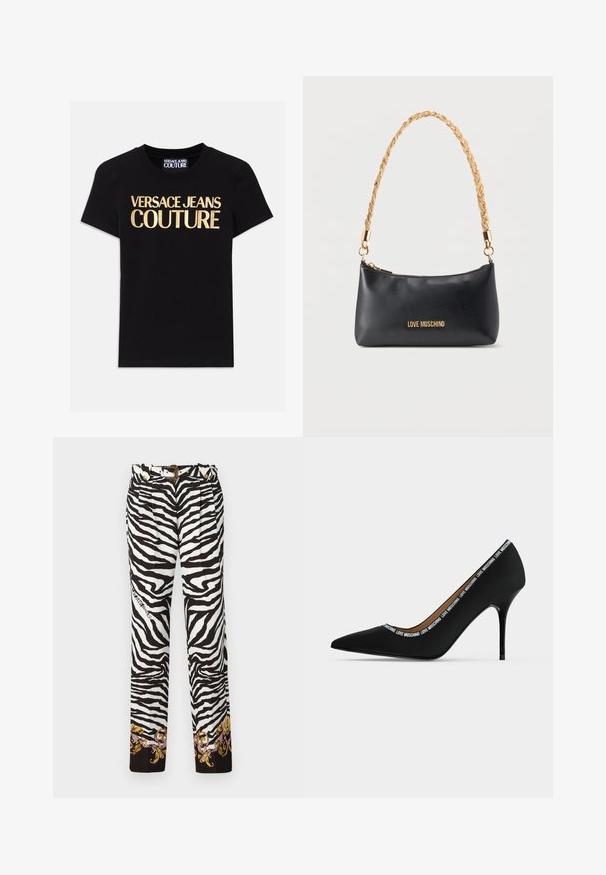 Mustmust must-särgid mustast puuvillast, mille esiküljel on suurte kuldsete tähtedega "VERSACE JEANS COUTURE", lühikesed varrukad ja ümmargune kaelus.; Mustri seelatud püksid musta ja valge zebra mustriga, mille nööbiga kaunistatud lilled asuvad ääres ning kuldse aktsendiga vöö.; Must varbakujuline kõrge kontsaga king, millel on stilettokonts ja "LOVE MOSCHINO" tekstiäärisega ava serval, külgvaade valgel taustal.; Mustast nahast õlakott kuldse kettakahvli ja esiküljel kuldsete tähtedega "LOVE MOSCHINO" logoga.