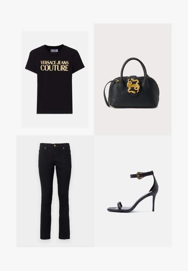 Sort bomulds-T-shirt med "VERSACE JEANS COUTURE" i store guld-bogstaver på forsiden, korte ærmer og rund halsudskæring.; Sorte denimjeans med lige snit, fem-lomme design, knaplukning og hardware-accenter i guldtoner. Blød tekstur med minimal detaljer.; Sort højhælet sandal med tynd ankelrem med en detaljeret guldbøjle og en enkelt rem over tæerne, tekstureret læderfinish.; Sort læderhåndtaske med tekstur, to håndtag, gyldent lynlås og gyldent slangeformet lukke på forsiden.